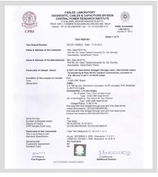 First page of a Central Power Research Institute test report from its cables laboratory, with printed fields for the report number, the manufacturer's name and address, the particulars of the sample tested and the date of test.